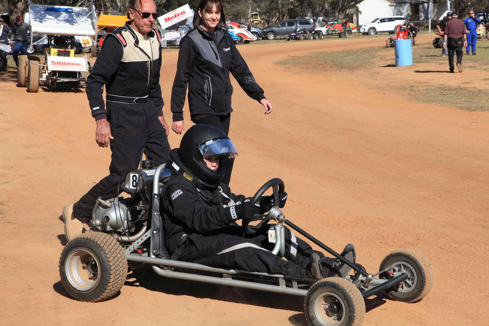 Kyla in her Kart, with her Pa (Dick) and Mum (Nicole)