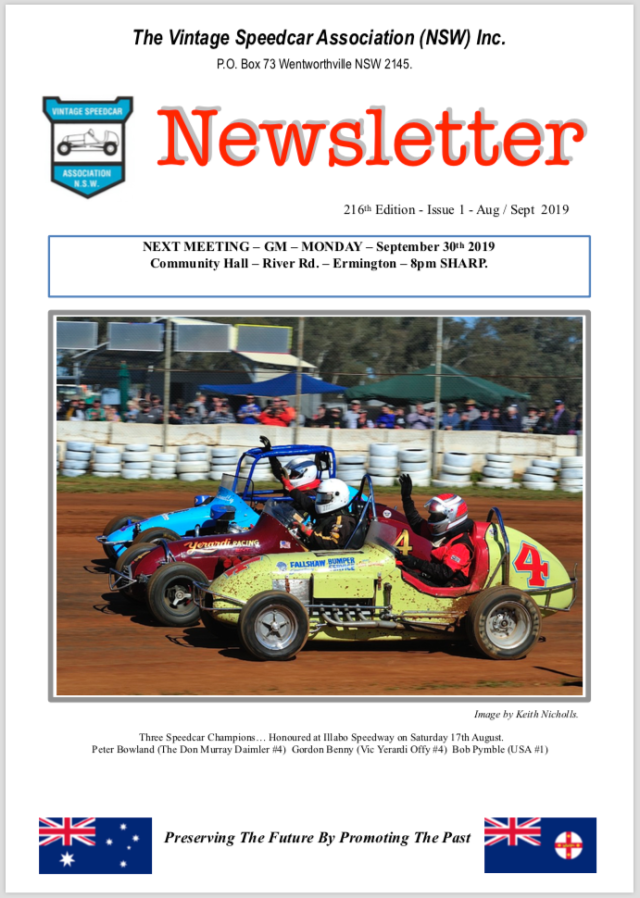 Vintage Speedcar Association (NSW) Aug-Sept 2019 Newletter Cover