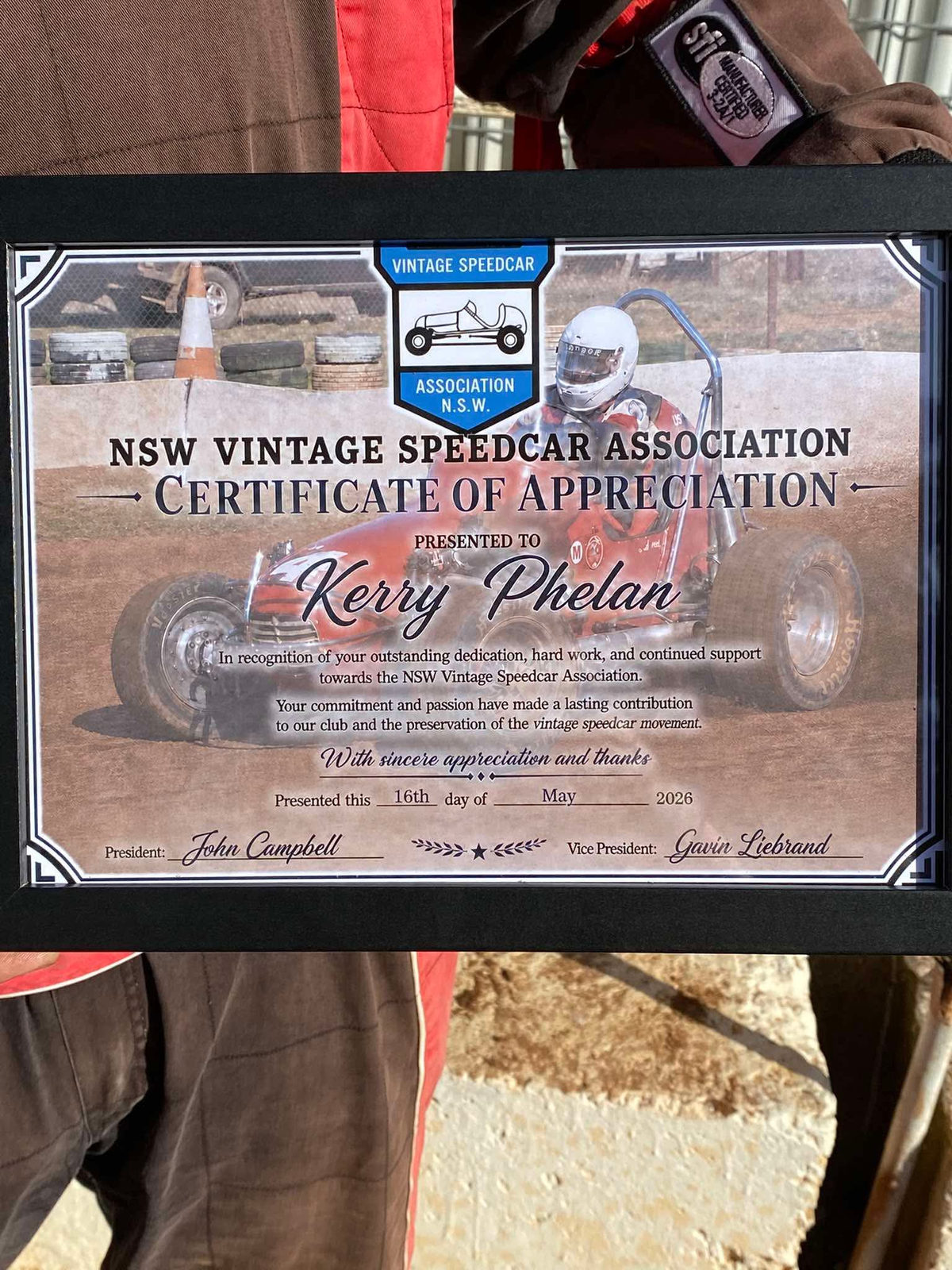 Certificate of Appreciation presented to Kerry Phelan, Founder and Secretary of Gasworks Motorsport Inc